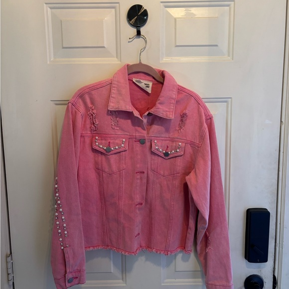 Anthropologie Savanna Jane Pink Jean Jacket with Pearl Details - Picture 2 of 5